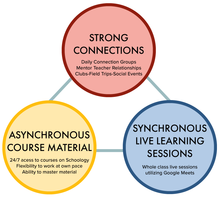 Strong Connections
-Daily Connection Groups, Mentor Teacher Relationships, Clubs, Field Trips, and Social Events

Asynchronous Course Material
-24/7 access to courses on Schoology, Flexibility to work at own pace, and ability to master material.

Synchronous Live Learning Sessions
-Whole class live sessions utilizing Google Meets
