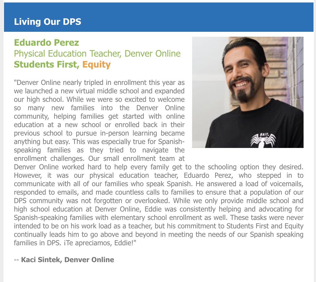 Denver Online's Teacher, Eduardo Perez, Recognized for EQUITY